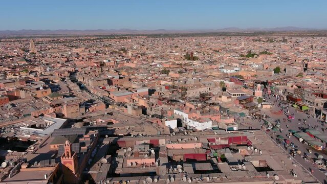Aerial view over Morocco city Marrakech, 2022
Drone view from  Marrakech City and Jemaa el-Fnaa market, summer 2022
