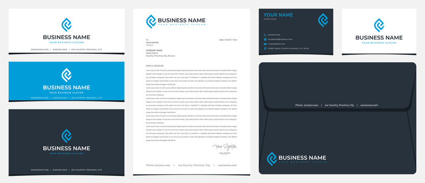 PC leaf logo with stationery, business card and social media banner designs