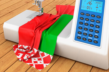 Sewing machine with Belarusian flag on the wooden table. 3D rendering