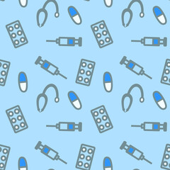 vector illustration pattern syringes pills on a blue background