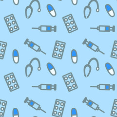 vector illustration pattern syringes pills on a blue background