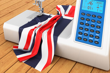 Sewing machine with British flag on the wooden table. 3D rendering