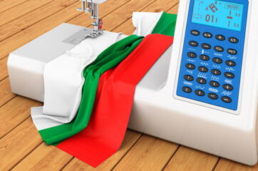 Sewing machine with Bulgarian flag on the wooden table. 3D rendering