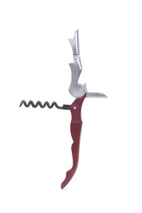 Close-up shot of a waiters wine corkscrew with a foil cutter and a bottle opener in an unfolded...