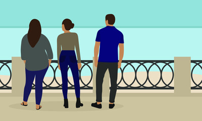 Two female characters and a male character stand on the embankment and look at the water