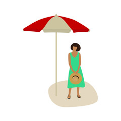 A female character in a summer dress and with a hat in her hands stands under a beach umbrella on a white background