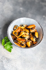 fresh mussels peeled seafood meal on the table copy space food background rustic 