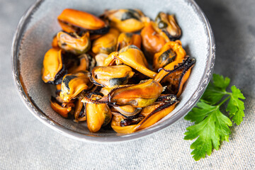 fresh mussels peeled seafood meal on the table copy space food background rustic 