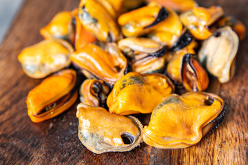 fresh mussels peeled seafood meal on the table copy space food background rustic 