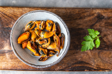 fresh mussels peeled seafood meal on the table copy space food background rustic 