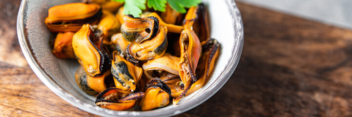 fresh mussels peeled seafood meal on the table copy space food background rustic 