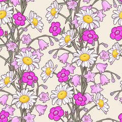 Vector seamless pattern with bright meadow flowers