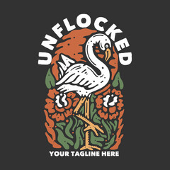 t shirt design unflocked with flamingo and gray background vintage illustration
