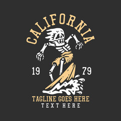 t shirt design california with skeleton doing surfing with gray background vintage illustration