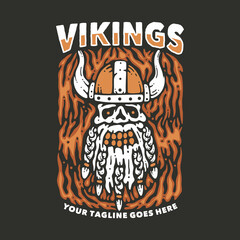 t shirt design vikings with skull viking head and gray background vintage illustration - obrazy, fototapety, plakaty