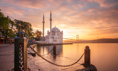 Ortakoy Mosque and Bosphorus bridge in Istanbul at sunrise, Turkey