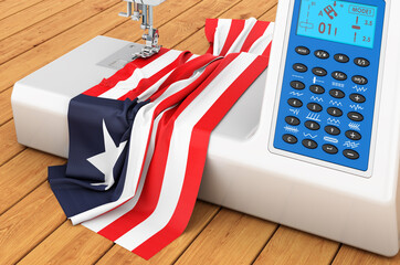 Sewing machine with Liberian flag on the wooden table. 3D rendering