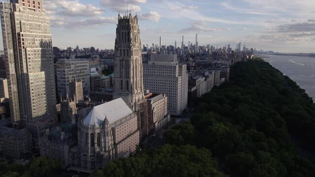 Riverside Church, during golden hour, in New York, USA - Panoramic, orbit aerial