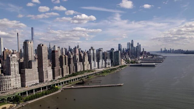 Aerial view of a line of skyscrapers on the west side of Manhattan, New York, USA