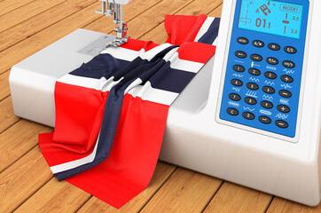 Sewing machine with Norwegian flag on the wooden table. 3D rendering