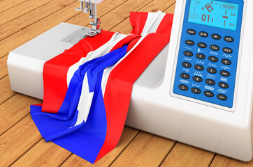 Sewing machine with Puerto Rican flag on the wooden table. 3D rendering