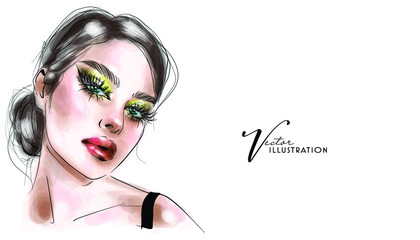 Woman face with closed eyes makeup sketch. Make up artist business card design, cosmetics banner background, beauty invitation.