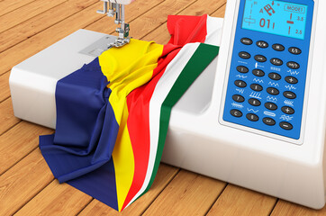 Sewing machine with Seychelloise flag on the wooden table. 3D rendering
