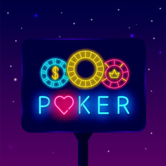 Fototapeta premium Poker club neon billboard with chips. Card games lover. Bright street advertising. Online gambling. Vector illustration