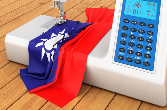 Sewing machine with Taiwanese flag on the wooden table. 3D rendering