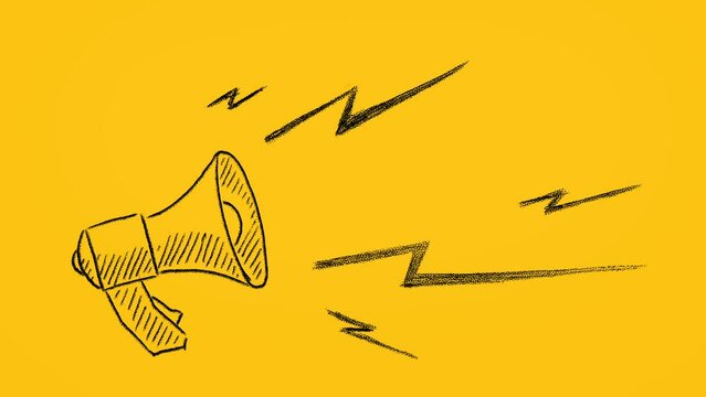 Megaphone hand drawn on a yellow background. Seamless loop video.