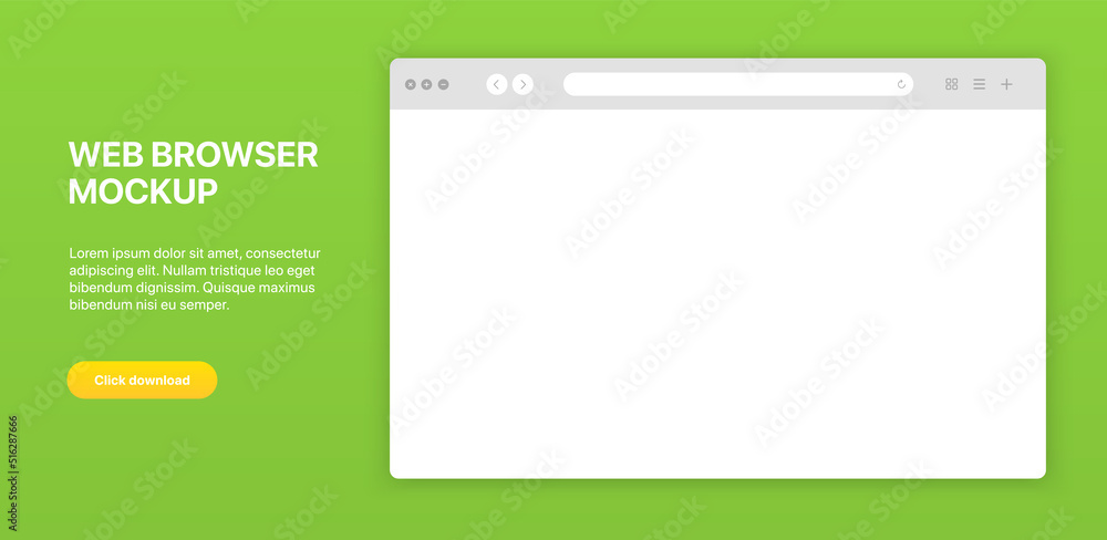 Aufkleber White web browser window template. Realistic blank browser window with toolbar and shadow. Sample frame design Internet page mockup. PC, laptop, tablet and smartphone empty web page mockup.