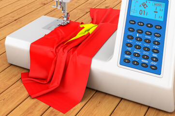 Sewing machine with Vietnamese flag on the wooden table. 3D rendering