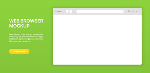 White web browser window template. Realistic blank browser window with toolbar and shadow. Sample frame design Internet page mockup. PC, laptop, tablet and smartphone empty web page mockup.