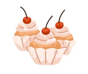 Cupcakes decorated with whipped cream cheese and cherry. Sweet vanilla muffins in paper cups. Baked dessert, sugar snack, small cakes. Bakery. Flat vector illustration isolated on white background
