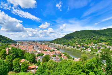 Fototapeta na wymiar Old historic town of Heidelberg in Germany with Neckar river and Heiligenberg hill