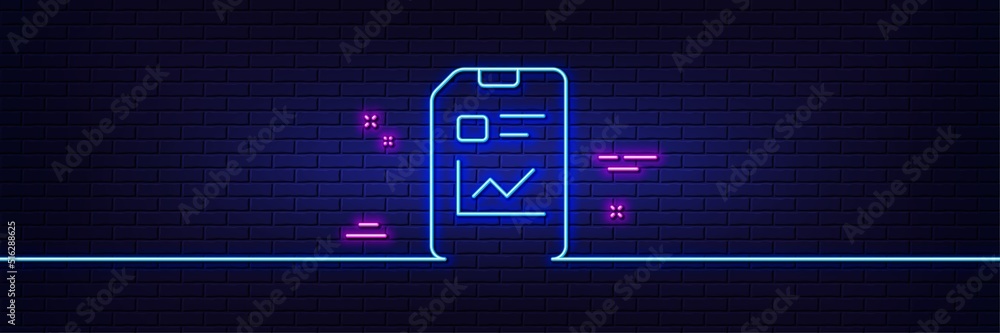 Poster neon light glow effect. report document line icon. analysis and statistics file sign. paper page con
