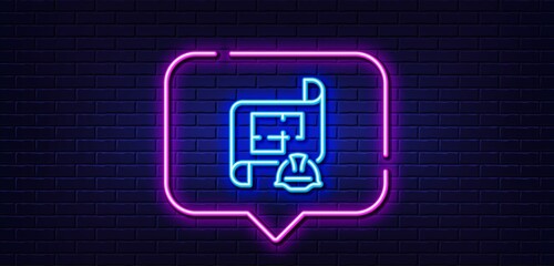 Neon light speech bubble. Engineering plan line icon. Technical documentation sign. Construction helmet symbol. Neon light background. Engineering plan glow line. Brick wall banner. Vector