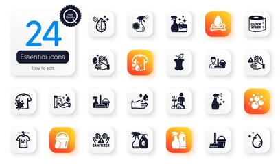 Set of Cleaning flat icons. Bucket with mop, Dont touch and Dirty t-shirt elements for web application. Water splash, Sponge, Wash hands icons. Rubber gloves, Washing hands. Vector