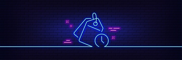 Neon light glow effect. Time management line icon. Clock tags sign. Watch symbol. 3d line neon glow icon. Brick wall banner. Time management outline. Vector