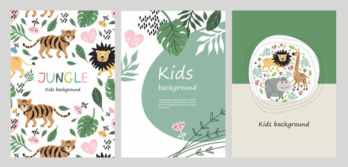 Set of banners. Tropical plants, hippos, tigers, lions, giraffes. Children's print. Vector illustration.
