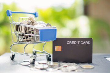 Credit Card. shopping cart and coin with green nature background and copy space concept online...