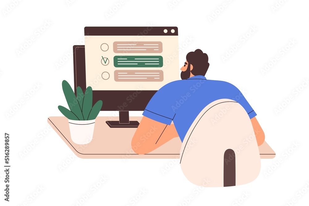 Aufkleber Person choosing answer in online test on computer screen. Man student checking knowledge via internet, passing digital exam, quiz. Flat graphic vector illustration isolated on white background