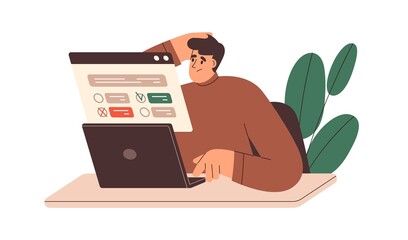 Upset person passing online test at laptop, checking knowledge. Bad result, mistake, choice of wrong answer to question in internet exam. Flat graphic vector illustration isolated on white background
