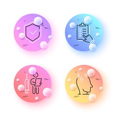 Stress, Shield and Checklist minimal line icons. 3d spheres or balls buttons. Vaccination announcement icons. For web, application, printing. Mind anxiety, Safe secure, Questioning clipboard. Vector