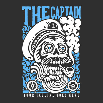 t shirt design with smoking bearded skull sailor captain with gray background vintage illustration