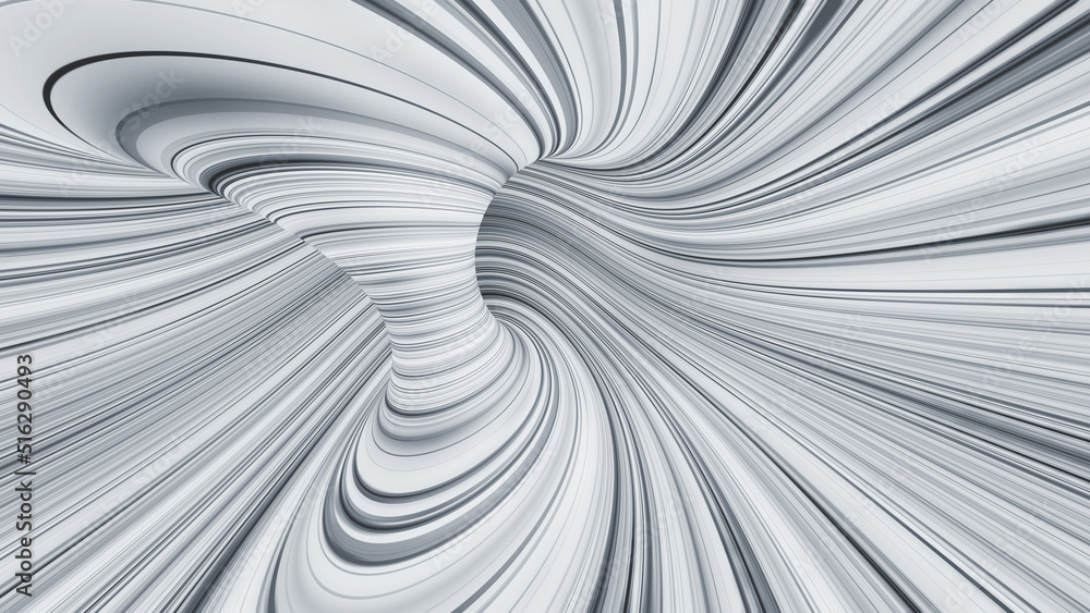 Poster Information funnel, big data flow. Strings of light in a neon whirlpool. 3D illustration of speed rays in cyberspace