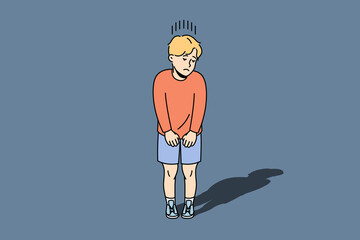 Unhappy small boy child feel insecure and lonely. Upset little kid suffer from loneliness or solitude, lack communication. Children problem. Vector illustration. 