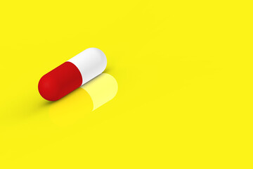 a red capsule lies on a yellow background with reflection. medication. Horizontal image. 3D rendering. 3D image