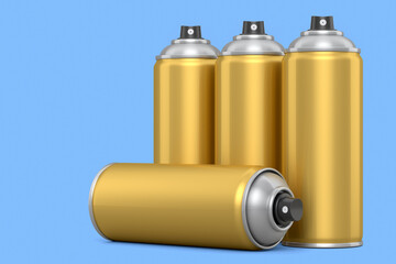 Set of spray paint cans isolated on blue background. Spray bottle and dispenser