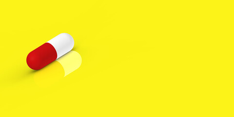 a red capsule lies on a yellow background with reflection. medication. Horizontal image. Banner for insertion into site. Place for text cope space. 3D rendering. 3D image